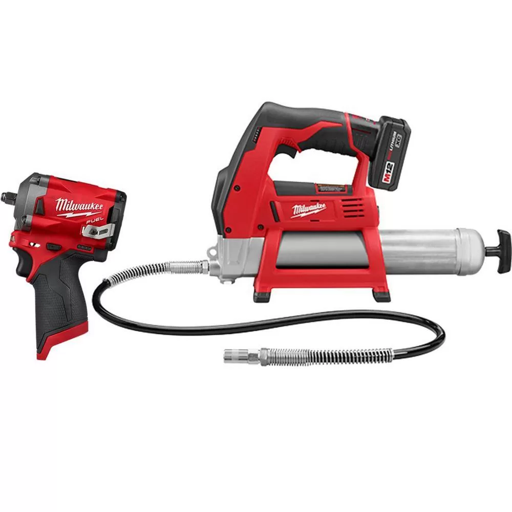 Milwaukee 2446-21XC-2554-20 M12 12V Li-Ion Cordless Grease Gun Kit with Stubby 3/8 in. Impact Wrench, One 3.0 Ah Battery, Charger and Tool Bag