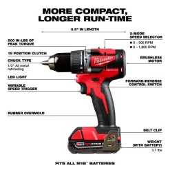 Milwaukee 2802-22CT M18 18V Lithium-Ion Brushless Cordless 1/2 in. Compact Hammer Drill/Driver Kit with 2 Batteries, Charger and Case
