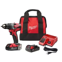 Milwaukee 2802-22CT M18 18V Lithium-Ion Brushless Cordless 1/2 in. Compact Hammer Drill/Driver Kit with 2 Batteries, Charger and Case