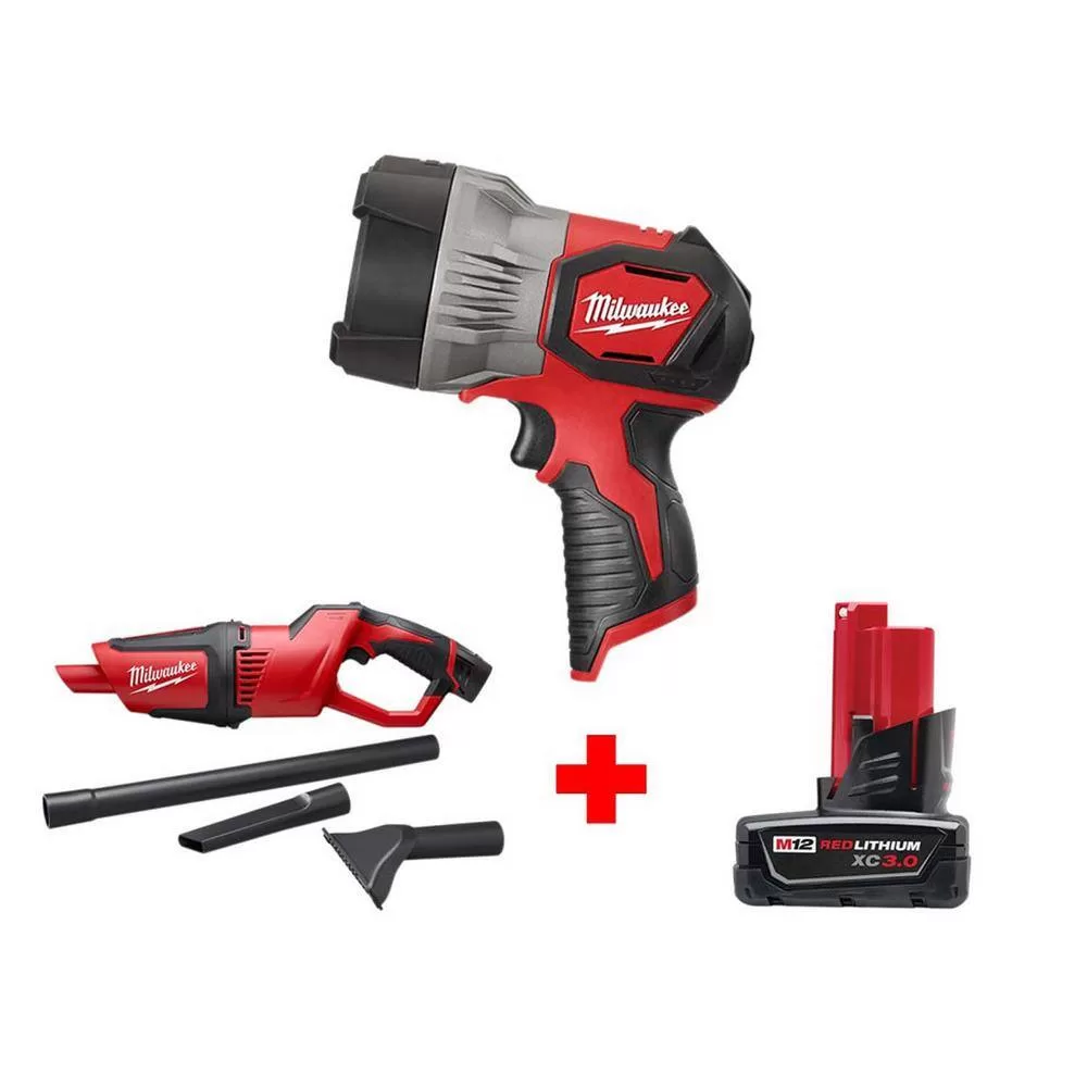 Milwaukee 2353-20-0850-20-48-11-2402 M12 12-Volt Lithium-Ion Cordless 750 Lumens TRUEVIEW LED Handheld Spotlight with M12 Compact Vacuum and 3.0 Ah Battery