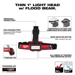 Milwaukee 2112-21-2115-21 445 Lumens LED REDLITHIUM USB Rover Pocket Flood Light & 600 Lumens LED USB Low-Profile Hard Hat Headlamp (2-Pack)