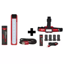 Milwaukee 2112-21-2115-21 445 Lumens LED REDLITHIUM USB Rover Pocket Flood Light & 600 Lumens LED USB Low-Profile Hard Hat Headlamp (2-Pack)