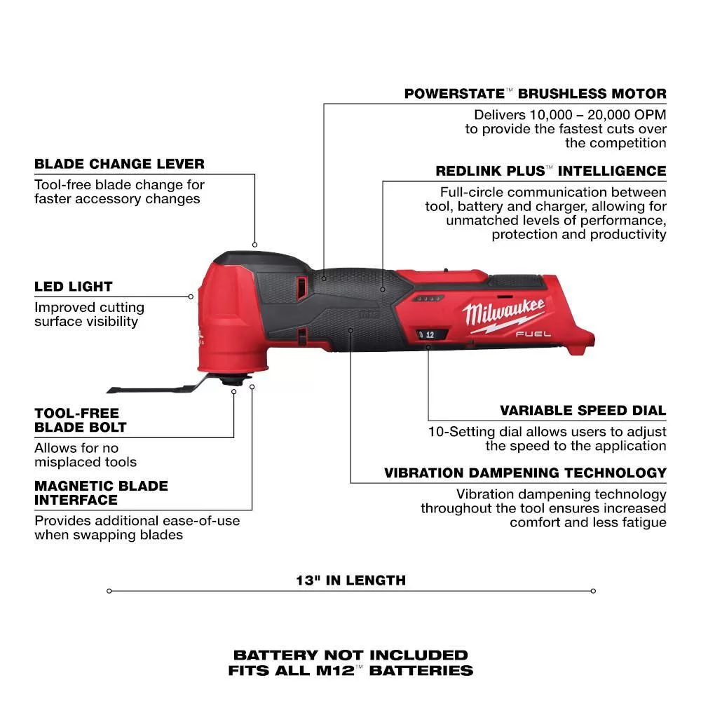 Milwaukee 2551-22-2526-20-3404-20 M12 FUEL SURGE 12V Lithium-Ion Brushless Cordless 1/4 in. Impact Driver Compact Kit Multi-Tool & 1/2 in. Hammer Drill