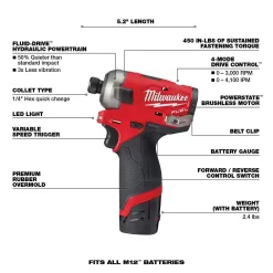 Milwaukee 2551-22-2526-20-3404-20 M12 FUEL SURGE 12V Lithium-Ion Brushless Cordless 1/4 in. Impact Driver Compact Kit Multi-Tool & 1/2 in. Hammer Drill
