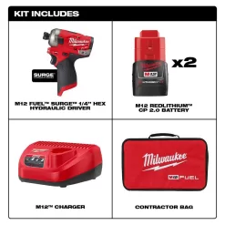 Milwaukee 2551-22-2526-20-3404-20 M12 FUEL SURGE 12V Lithium-Ion Brushless Cordless 1/4 in. Impact Driver Compact Kit Multi-Tool & 1/2 in. Hammer Drill