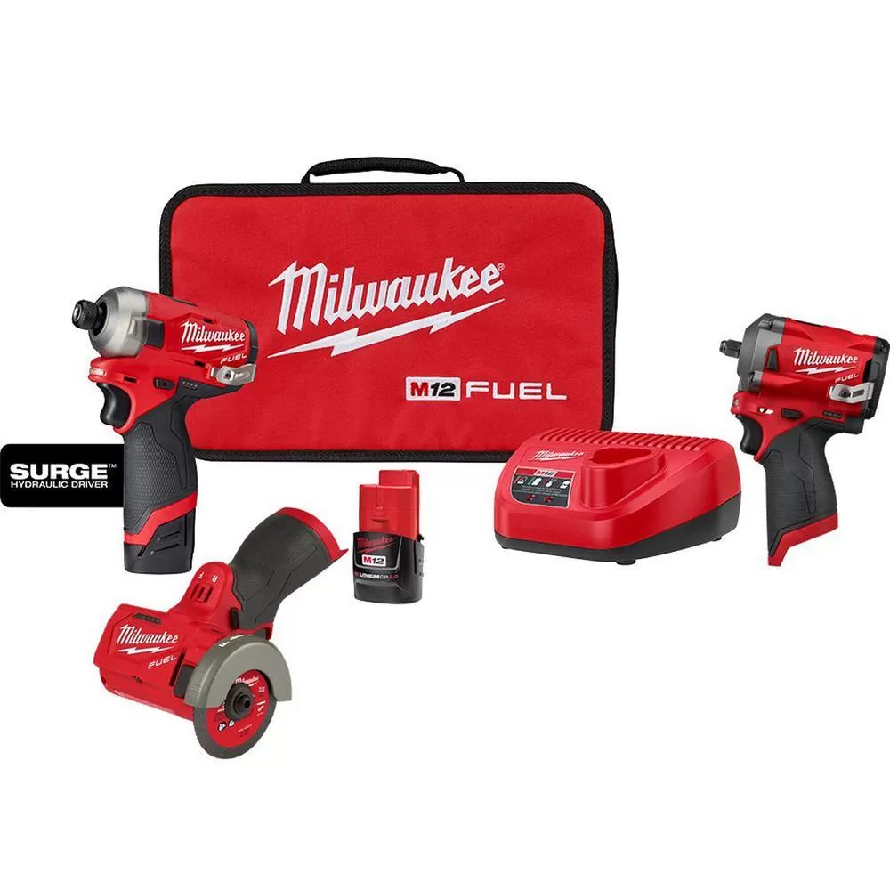 Milwaukee 2551-22-2554-20-2522-20 M12 FUEL SURGE 12V Lithium-Ion Brushless Cordless 1/4" Hex Impact Driver Kit w/M12 FUEL Impact Wrench & Cutoff Saw