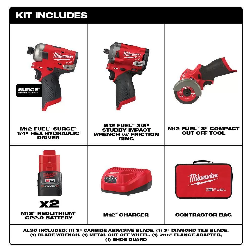 Milwaukee 2551-22-2554-20-2522-20 M12 FUEL SURGE 12V Lithium-Ion Brushless Cordless 1/4" Hex Impact Driver Kit w/M12 FUEL Impact Wrench & Cutoff Saw