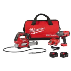 Milwaukee 2767-22GR M18 FUEL 18V Lithium-Ion Brushless Cordless 1/2 in. High-Torque Impact Wrench with Grease Gun Kit, Resistant Batteries