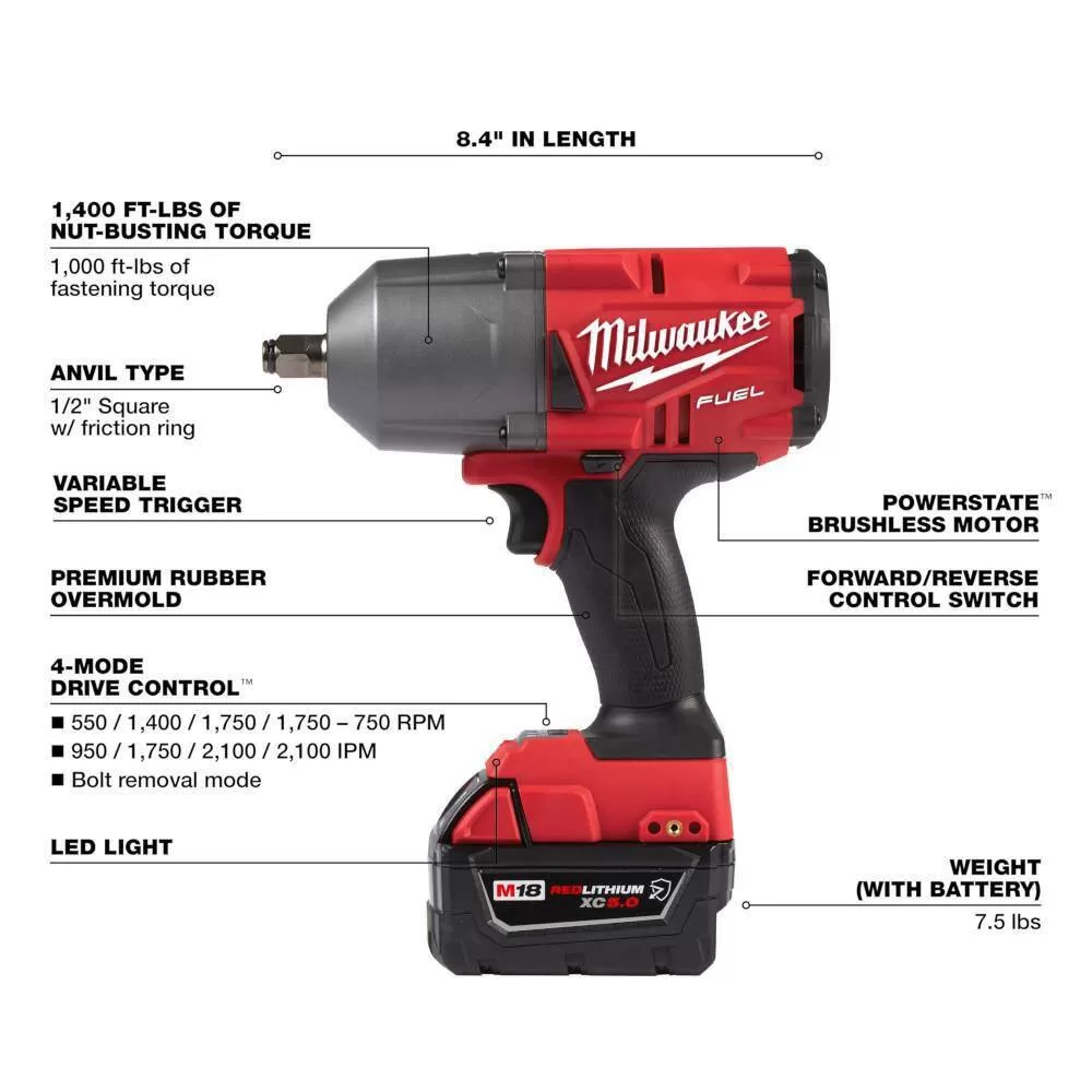 Milwaukee 2767-22GR M18 FUEL 18V Lithium-Ion Brushless Cordless 1/2 in. High-Torque Impact Wrench with Grease Gun Kit, Resistant Batteries