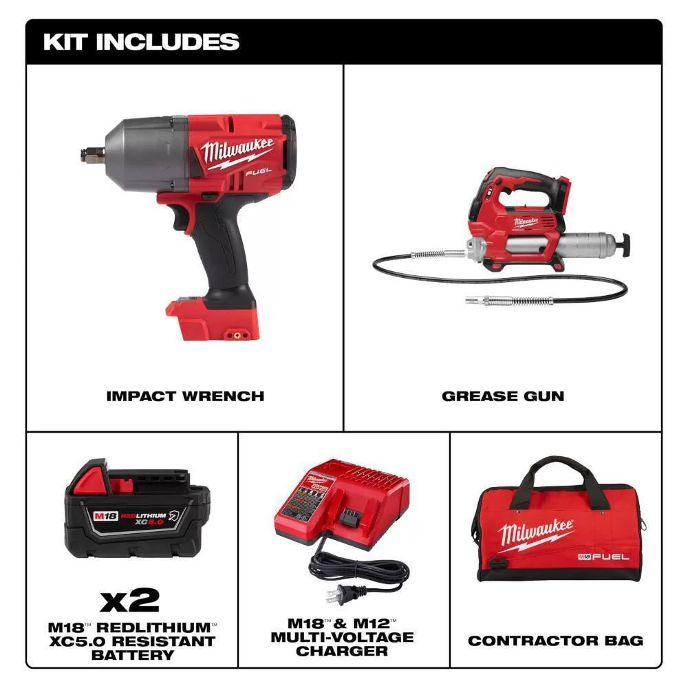 Milwaukee 2767-22GR M18 FUEL 18V Lithium-Ion Brushless Cordless 1/2 in. High-Torque Impact Wrench with Grease Gun Kit, Resistant Batteries