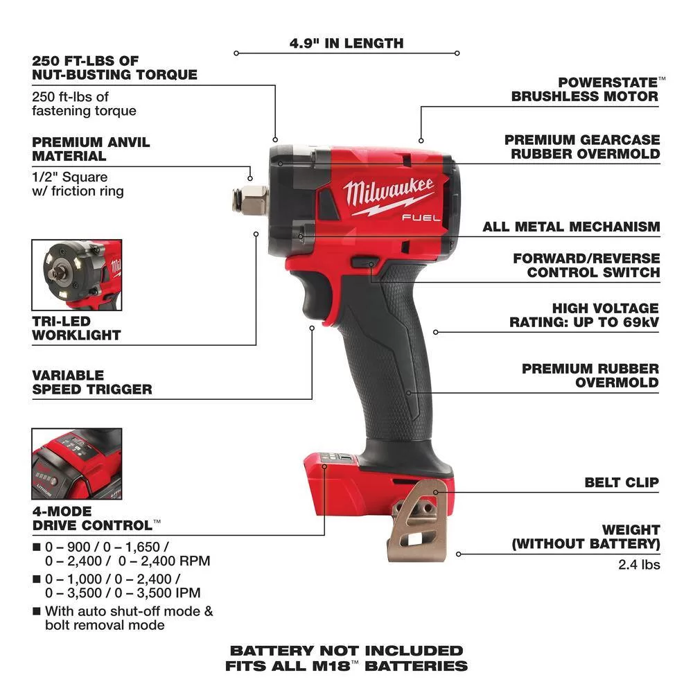 Milwaukee 2854-20-2855-20 M18 FUEL Gen-2 18V Lithium-Ion Brushless Cordless 3/8 in. & 1/2 in. Compact Impact Wrench with Friction Ring(2-Tool)