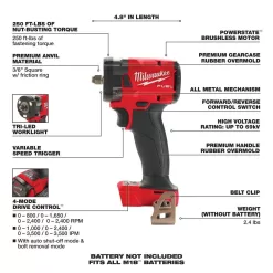 Milwaukee 2854-20-2855-20 M18 FUEL Gen-2 18V Lithium-Ion Brushless Cordless 3/8 in. & 1/2 in. Compact Impact Wrench with Friction Ring(2-Tool)