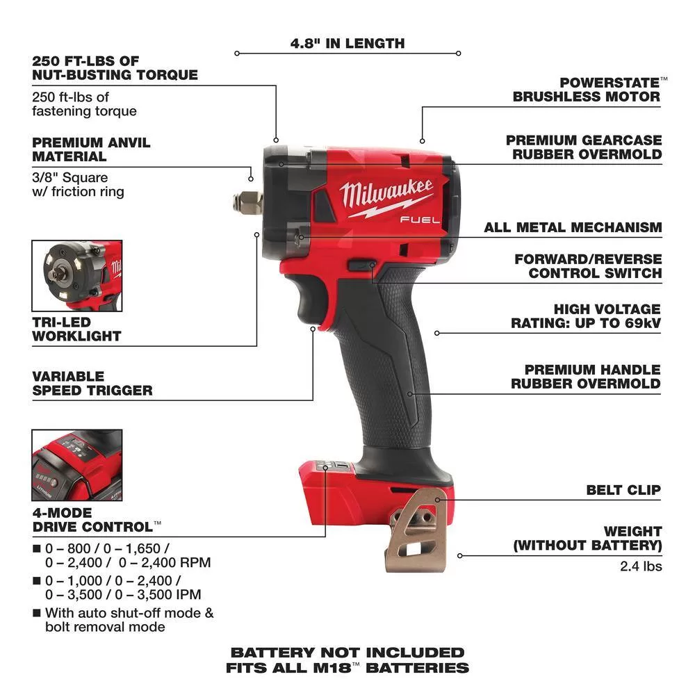 Milwaukee 2854-20-2855-20 M18 FUEL Gen-2 18V Lithium-Ion Brushless Cordless 3/8 in. & 1/2 in. Compact Impact Wrench with Friction Ring(2-Tool)