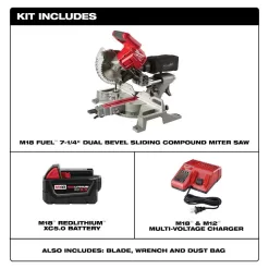 Milwaukee 2733-21 M18 FUEL 18V Lithium-Ion Brushless Cordless 7-1/4 in. Dual Bevel Sliding Compound Miter Saw Kit w/One 5.0Ah Battery