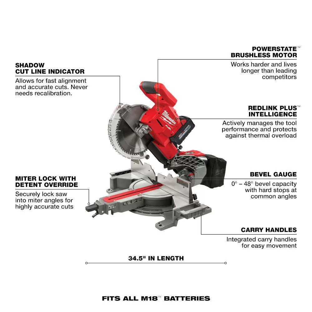 Milwaukee 2734-21-48-11-1880 M18 FUEL 18V 10 in. Lithium-Ion Brushless Cordless Dual Bevel Sliding Compound Miter Saw Kit w/(2) 8.0 Ah Batteries