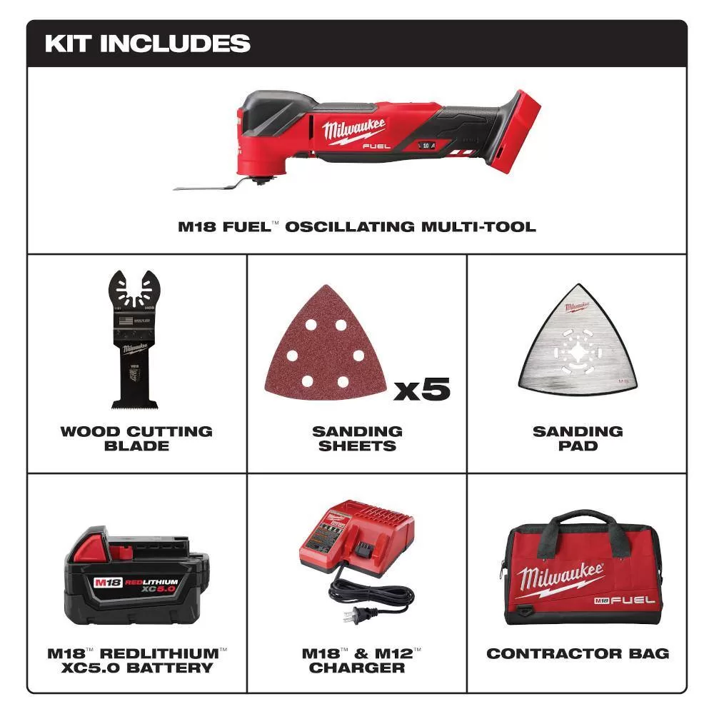 Milwaukee 2836-21-49-10-9113 M18 FUEL 18V Lithium-Ion Cordless Brushless Oscillating Multi-Tool Kit W/ Multi-Tool Blade Kit (9-Piece)