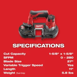 Milwaukee 2429-20-2429-20-48-11-2460 M12 12V Lithium-Ion Cordless Sub-Compact Band Saw with M12 Sub-Compact Band Saw and 6.0 Ah XC Battery Pack