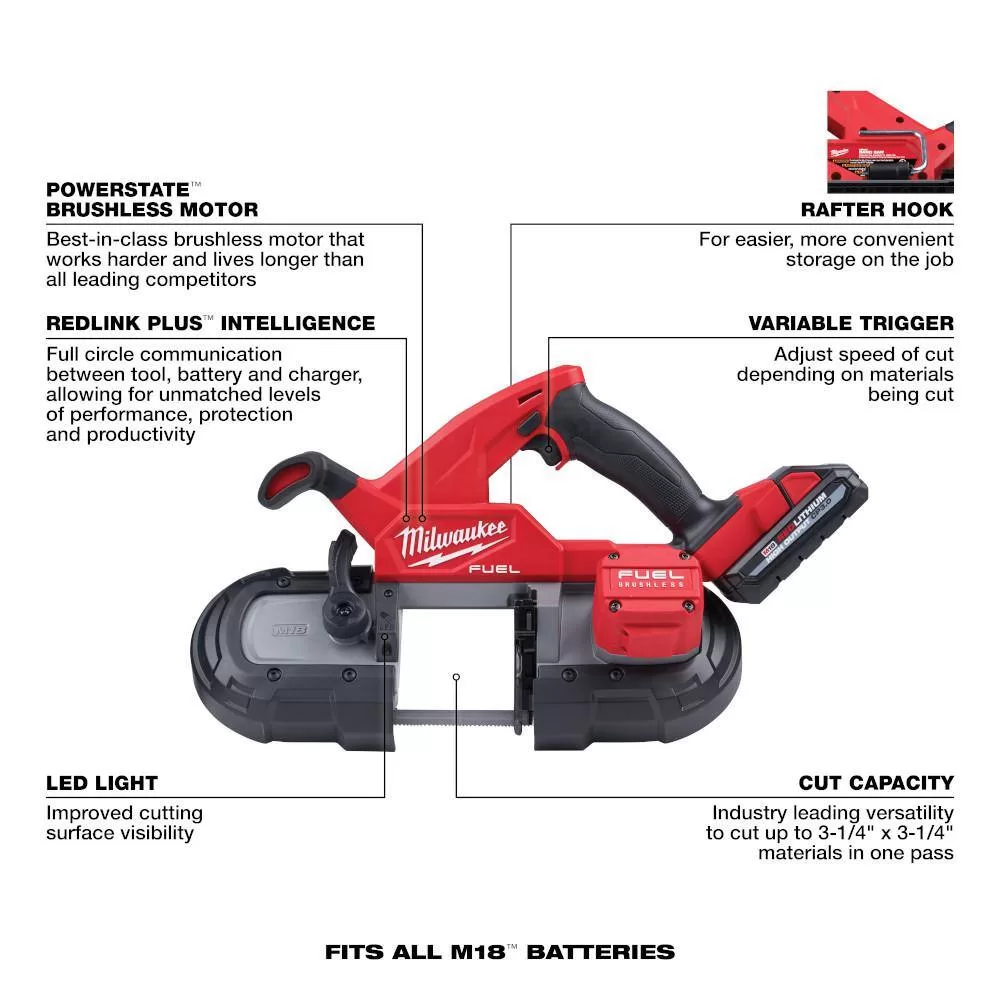 Milwaukee 2829-22 M18 FUEL 18V Lithium-Ion Brushless Cordless Compact Bandsaw Kit with Two 3.0 Ah High Output Batteries
