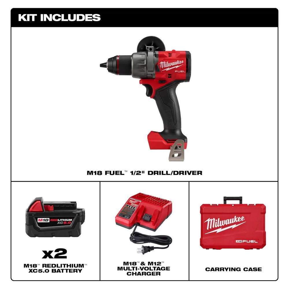Milwaukee 2903-22 M18 FUEL 18V Lithium-Ion Brushless Cordless 1/2 in. Drill/Driver Kit W/(2) 5.0Ah Batteries, Charger, and Hard Case