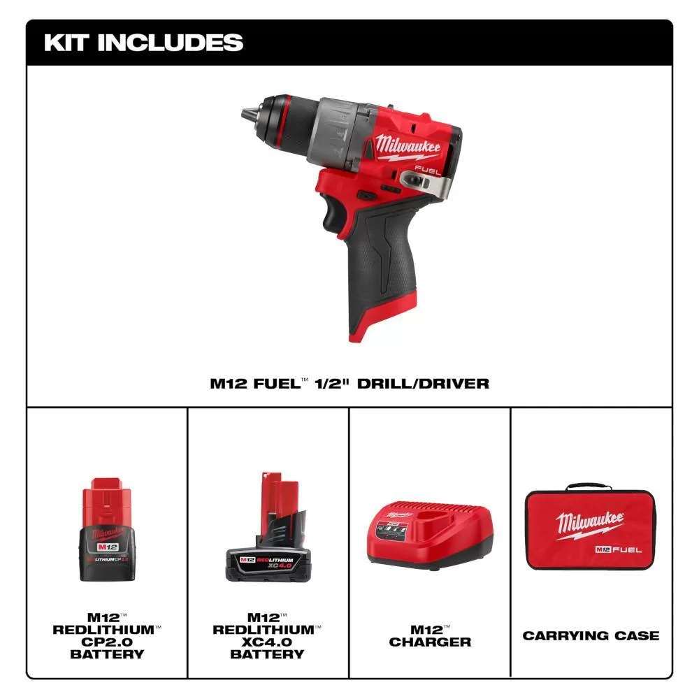 Milwaukee 3403-22 M12 FUEL 12V Lithium-Ion Brushless Cordless 1/2 in. Drill Driver Kit with 4.0Ah and 2.0Ah Battery and Soft Case