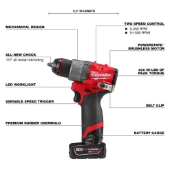 Milwaukee 3403-22 M12 FUEL 12V Lithium-Ion Brushless Cordless 1/2 in. Drill Driver Kit with 4.0Ah and 2.0Ah Battery and Soft Case