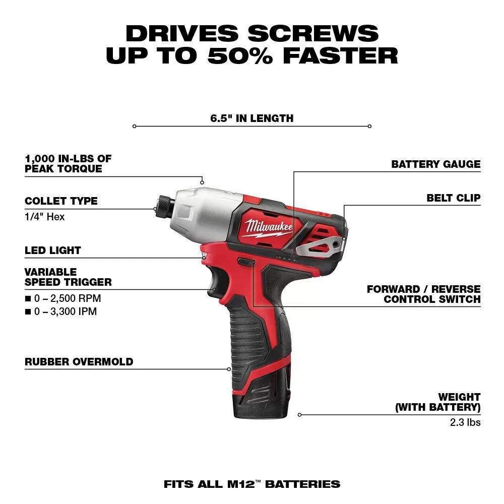 Milwaukee 2494-22-2457-20 M12 12V Lithium-Ion Cordless Drill Driver/Impact Driver/ Ratchet Combo Kit (3-Tool)
