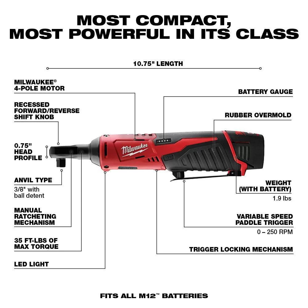 Milwaukee 2494-22-2457-20 M12 12V Lithium-Ion Cordless Drill Driver/Impact Driver/ Ratchet Combo Kit (3-Tool)