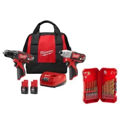 Milwaukee 2494-22-48-89-4631 M12 12V Lithium-Ion Cordless Drill Driver/Impact Driver Combo Kit (2-Tool) with Titanium Drill Bit Set (23-Piece)