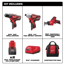 Milwaukee 2498-23 M12 12V Lithium-Ion Cordless Combo Tool Kit (3-Tool) w/(2) 1.5Ah Batteries, (1) Charger, (1) Tool Bag