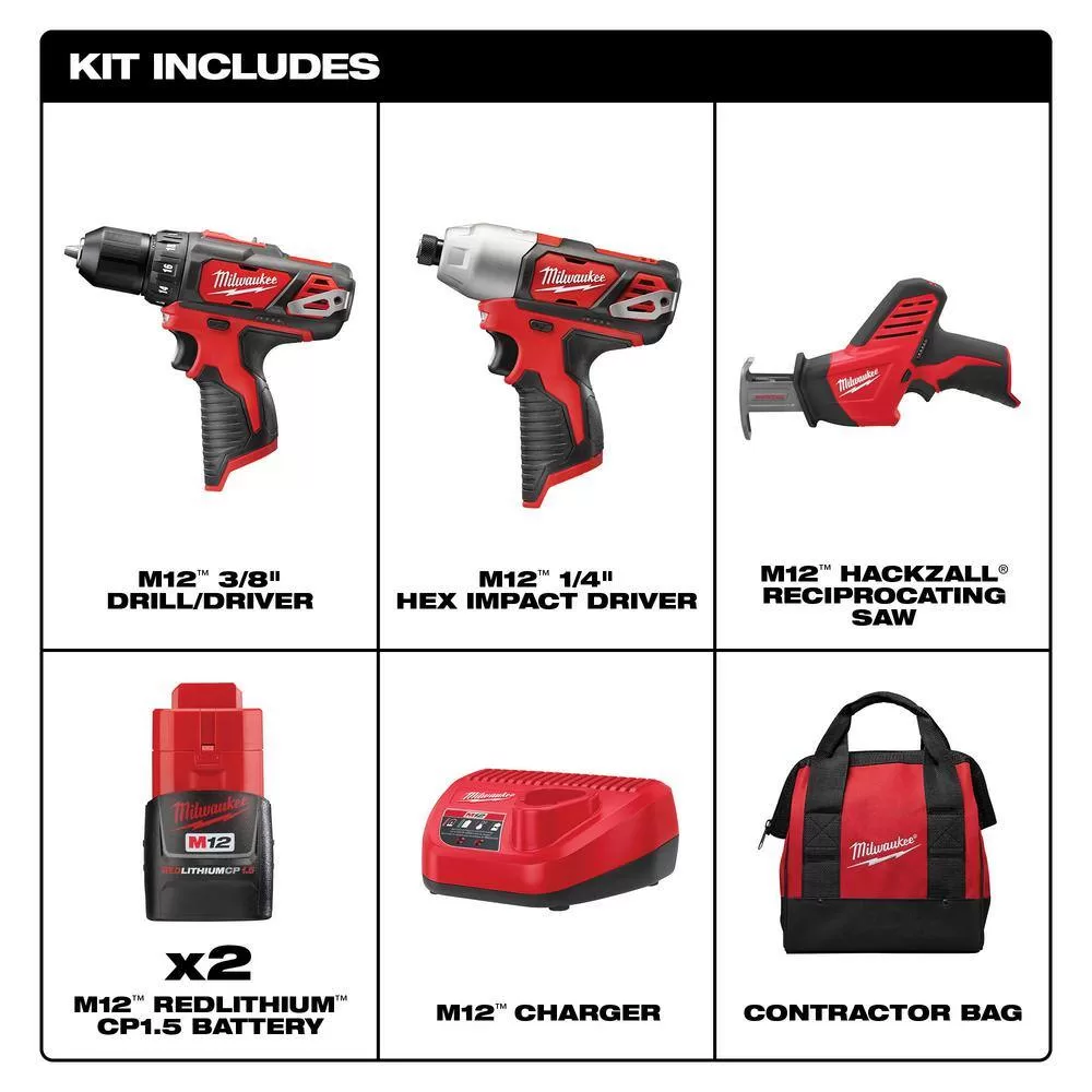 Milwaukee 2498-23 M12 12V Lithium-Ion Cordless Combo Tool Kit (3-Tool) w/(2) 1.5Ah Batteries, (1) Charger, (1) Tool Bag