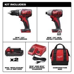 Milwaukee 2691-22 M18 18V Lithium-Ion Cordless Drill Driver/Impact Driver Combo Kit (2-Tool) W/ Two 1.5Ah Batteries, Charger Tool Bag