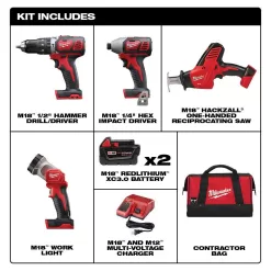 Milwaukee 2695-24 M18 18V Lithium-Ion Cordless Combo Tool Kit (4-Tool) w/(2) 3.0Ah Batteries, (1) Charger, (1) Tool Bag