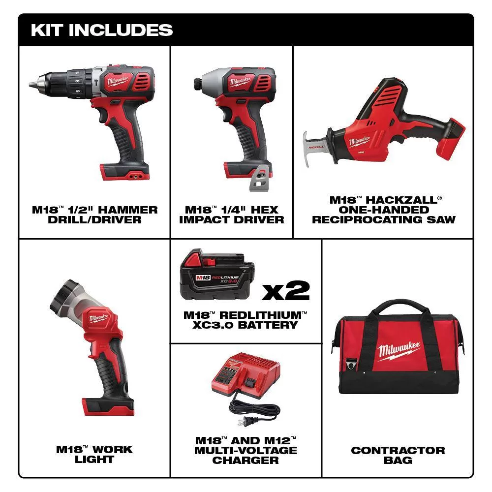 Milwaukee 2695-24 M18 18V Lithium-Ion Cordless Combo Tool Kit (4-Tool) w/(2) 3.0Ah Batteries, (1) Charger, (1) Tool Bag
