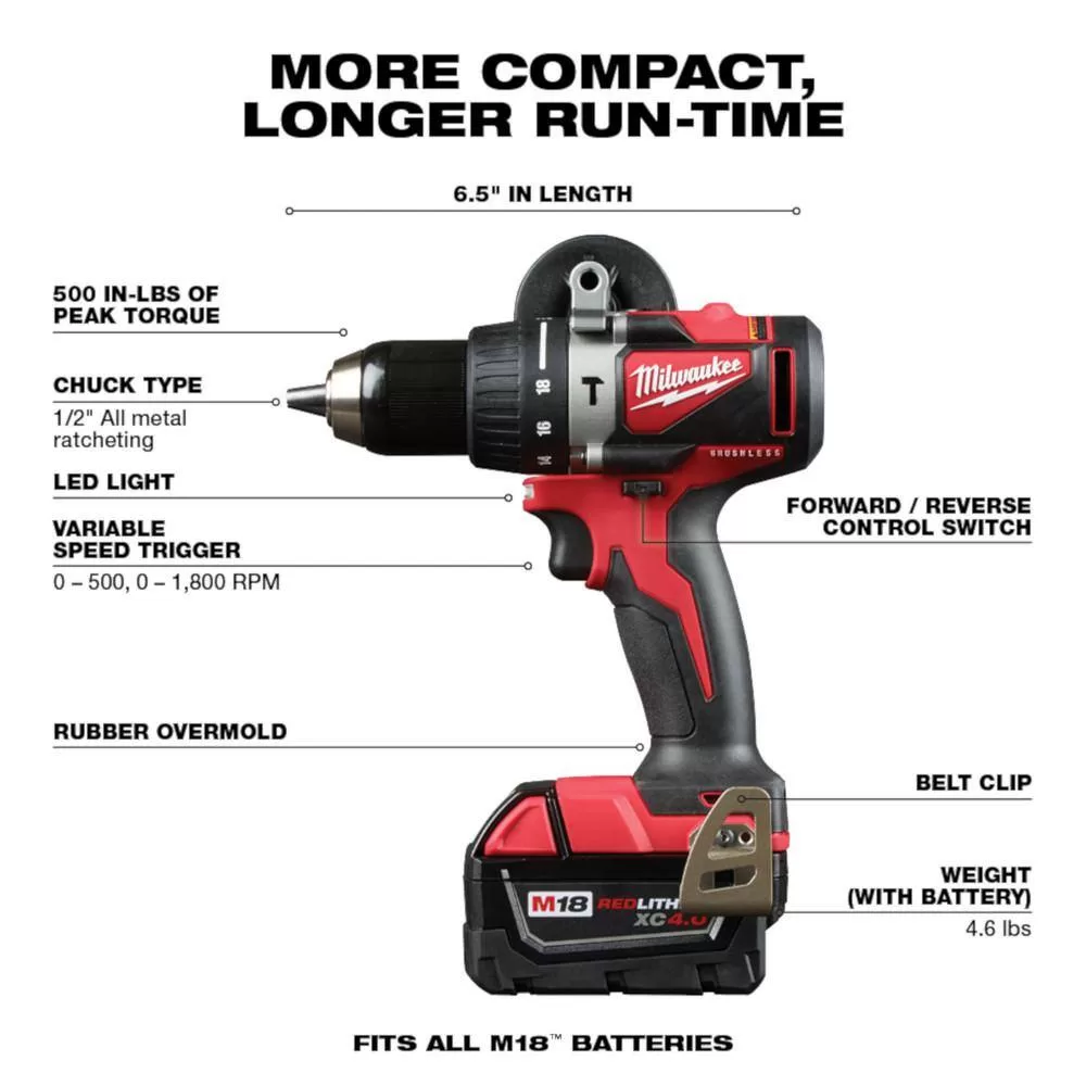 Milwaukee M18 18V Lithium-Ion Brushless Cordless Hammer Drill/Impact Combo Kit (2-Tool) with 2 Batteries, Charger and Bag - Image 6