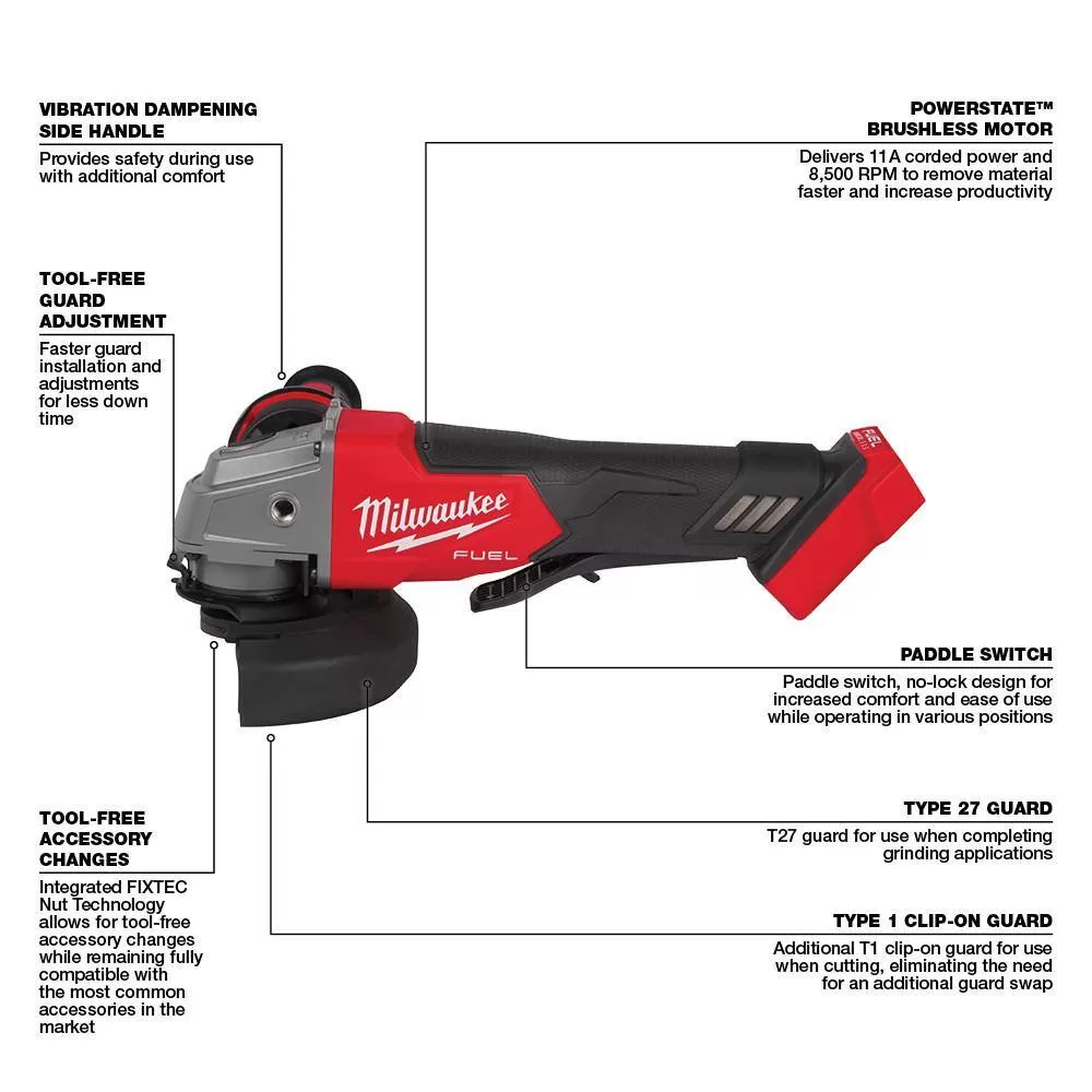 Milwaukee 2912-20-2880-20 M18 FUEL 18V Lithium-Ion Brushless Cordless 1 in. SDS-Plus Rotary Hammer with 4-1/2 in./5 in. Grinder (2-Tool)