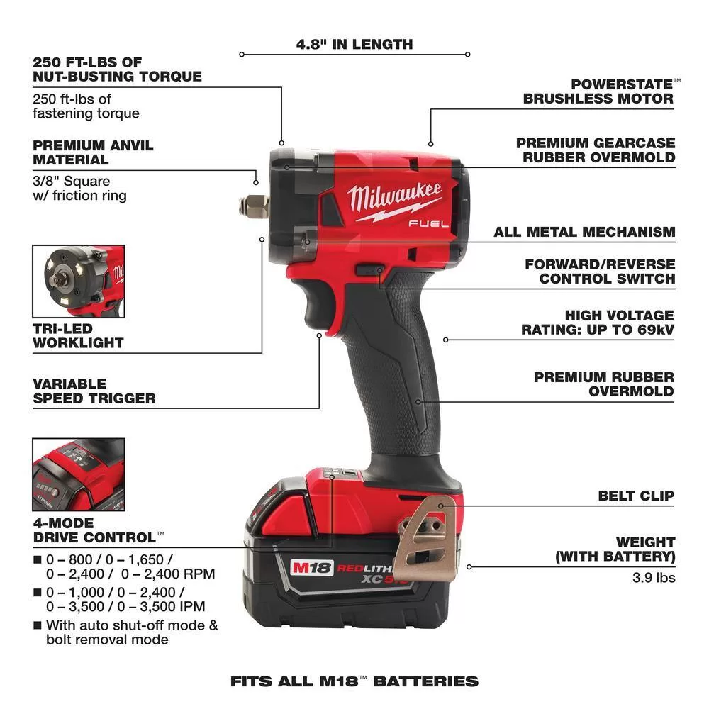 Milwaukee 2991-22 M18 FUEL 18V Lithium-Ion Brushless Cordless Grinder & 3/8 in. Impact Wrench Combo Kit (2-Tool) w/ Two 5Ah Batteries