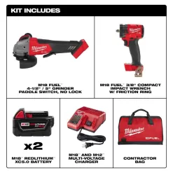 Milwaukee 2991-22 M18 FUEL 18V Lithium-Ion Brushless Cordless Grinder & 3/8 in. Impact Wrench Combo Kit (2-Tool) w/ Two 5Ah Batteries