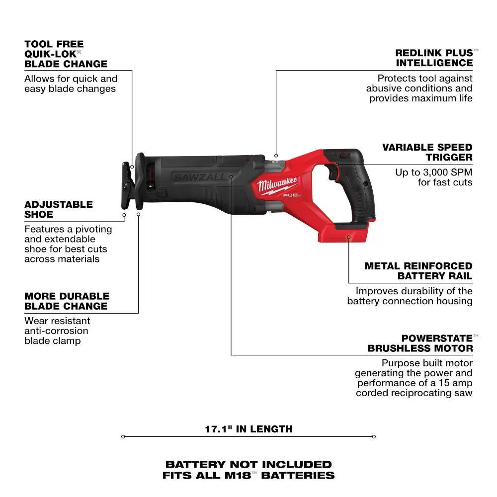 Milwaukee 3697-22-2821-20 M18 FUEL 18-V Lithium-Ion Brushless Cordless Hammer Drill and Impact Driver Combo Kit (2-Tool) with Reciprocating Saw
