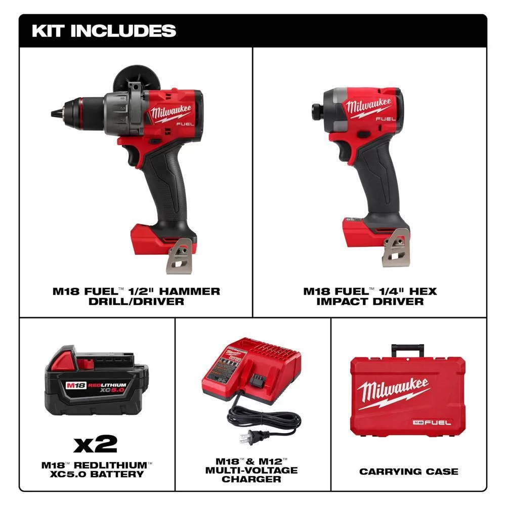 Milwaukee 3697-22-49-22-4020 M18 FUEL 18-V Li-Ion Brushless Cordless Hammer Drill/Impact Driver Combo Kit (2-Tool) w/Bi-Metal Hole Saw Set (11-Piece)