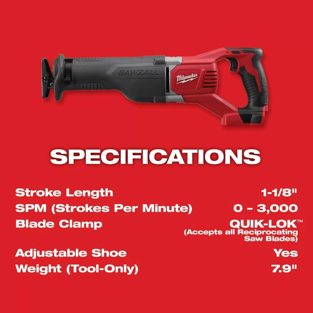 Milwaukee 2621-20-2630-20 M18 18V Lithium-Ion Cordless SAWZALL Reciprocating Saw and 6-1/2 in. Circular Saw
