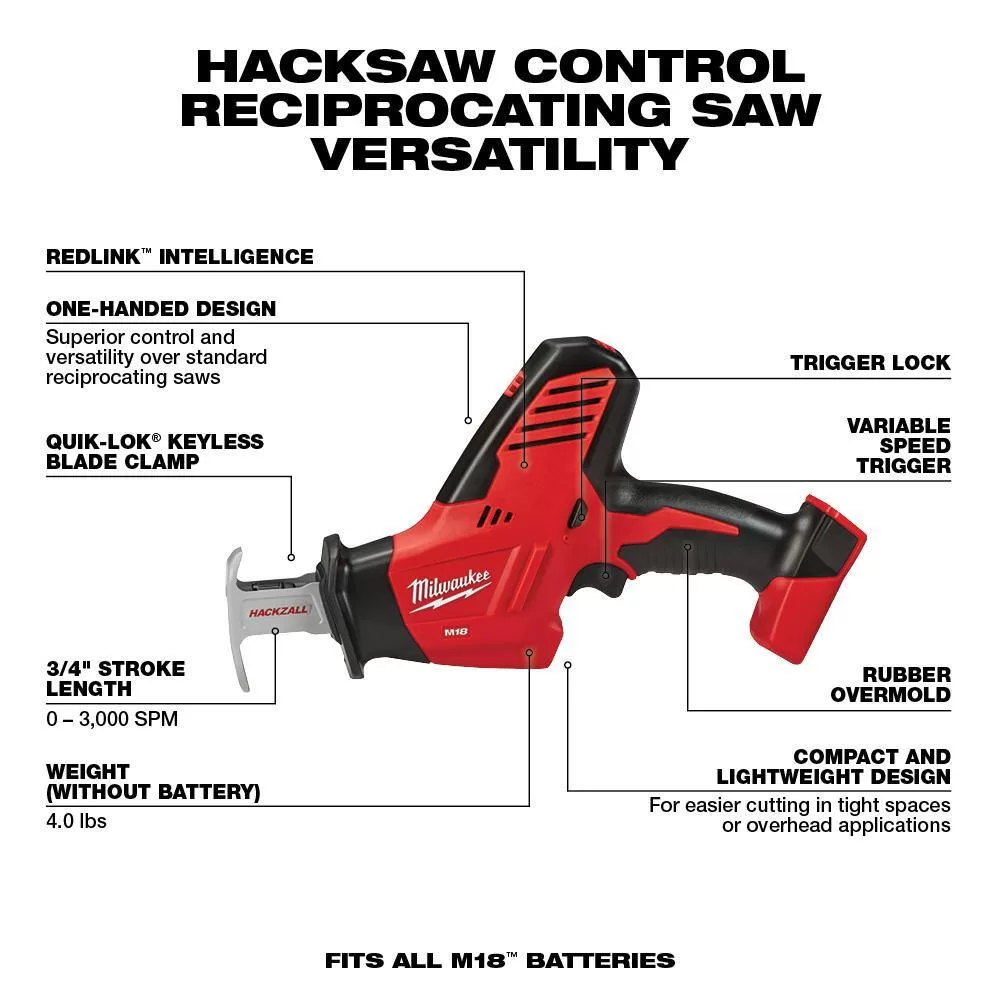 Milwaukee 2625-20-2626-20-48-11-1820-48-11-1820 M18 18V Lithium-Ion Cordless HACKZALL Reciprocating Saw