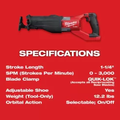 Milwaukee 2722-20 M18 FUEL 18V Lithium-Ion Brushless Cordless Super SAWZALL Orbital Reciprocating Saw (Tool-Only)