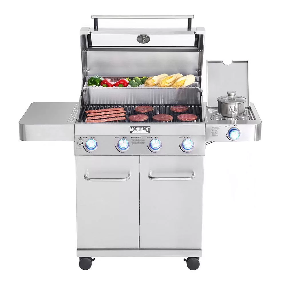 Monument Grills 41847NG 4-Burner Propane Gas Grill in Stainless with Clear View Lid, LED Controls and Side Burner