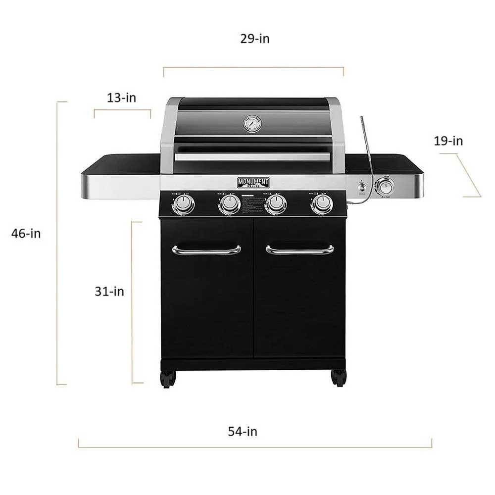 Monument Grills 42538B 4-Burner Propane Gas Grill in Black with ClearView Lid, LED Controls, Side Burner and USB Light