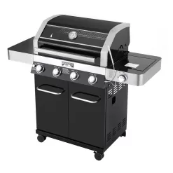 Monument Grills 42538B 4-Burner Propane Gas Grill in Black with ClearView Lid, LED Controls, Side Burner and USB Light