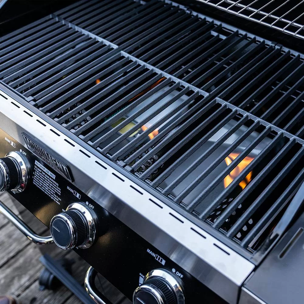 Monument Grills 42538B 4-Burner Propane Gas Grill in Black with ClearView Lid, LED Controls, Side Burner and USB Light