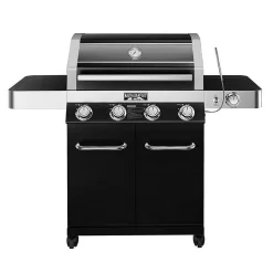 Monument Grills 42538B 4-Burner Propane Gas Grill in Black with ClearView Lid, LED Controls, Side Burner and USB Light