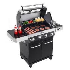Monument Grills 42538B 4-Burner Propane Gas Grill in Black with ClearView Lid, LED Controls, Side Burner and USB Light