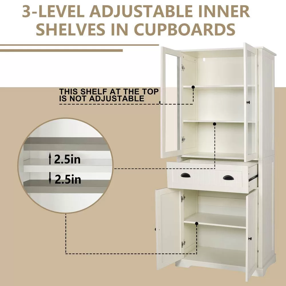 VEIKOUS 72 in. H Off-White Kitchen Storage Pantry Cabinet Closet with Doors and Adjustable Shelves