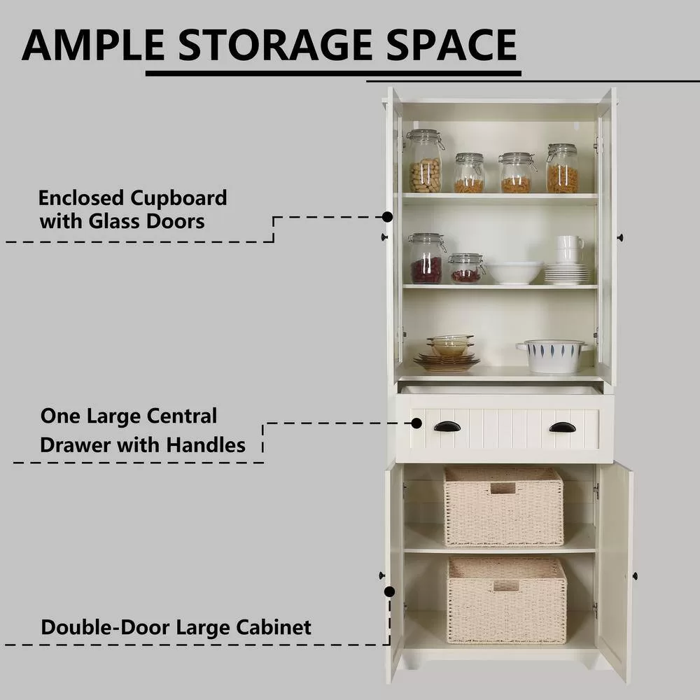 VEIKOUS 72 in. H Off-White Kitchen Storage Pantry Cabinet Closet with Doors and Adjustable Shelves